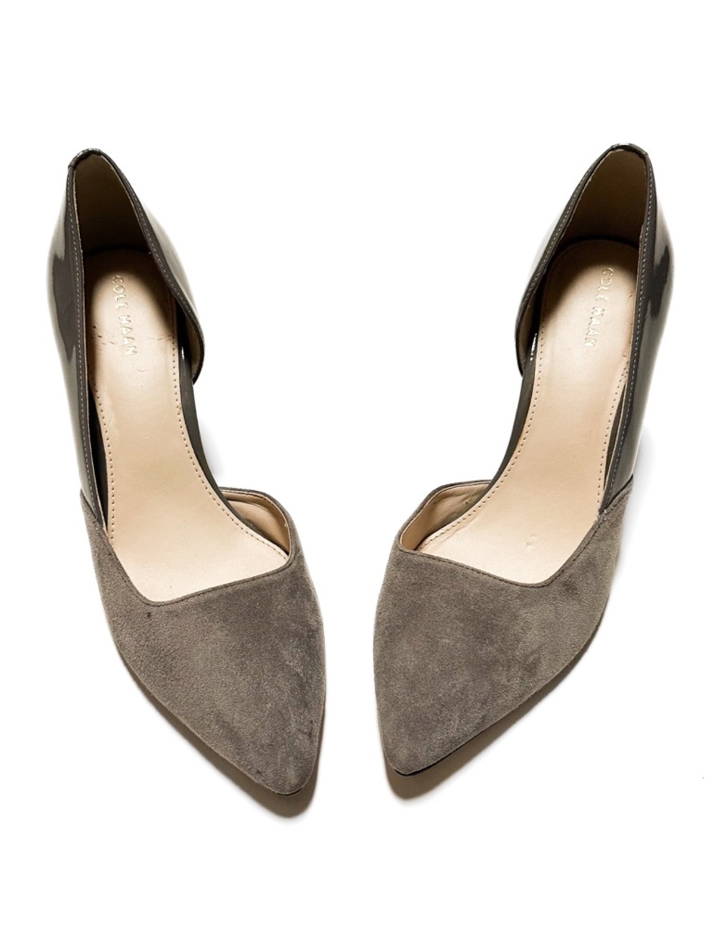 Cole Haan Rendon II Grey Suede + Patent Leather D'Orsay Pumps Heels Dress Shoes